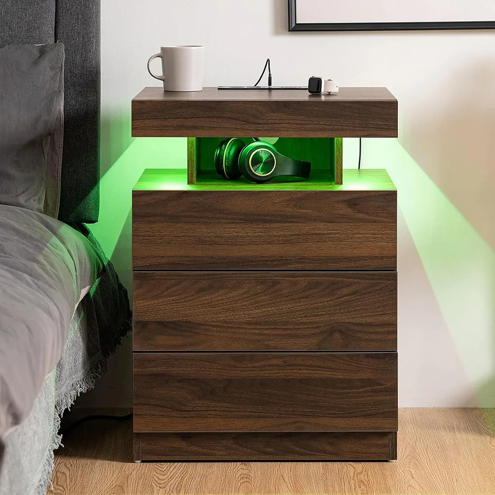 Nu-Deco Modern LED Nightstand Wireless Charging Station USB Ports 3 Drawers RGB Adjustable Brightness High Gloss Bedside Table manufacture