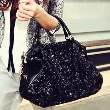 Black Womens Paillette Bling Sequins Handbag Leather Tote Shoulder Bag Messenger Chain