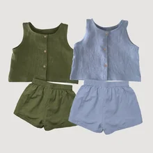 Custom summer toddler loungewear sets button up tank top sleeveless blouse leisure shorts loose kids linen two piece set