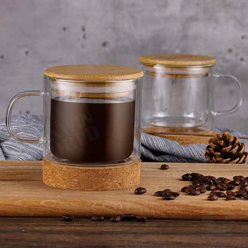 Bamboo fiber coffee cup with bamboo lid double wall insulated glass coffee tea cup with cork bottom, best christmas mug gift Bamboo fiber coffee cup with bamboo lid double wall insulated glass coffee tea cup with cork bottom, best christmas mug gift