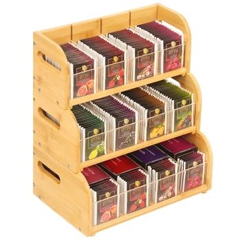Bamboo Tea Station Stand Wooden Tea Caddy Box Containers 3 Layer Tea Bag Wooden Storage Rack