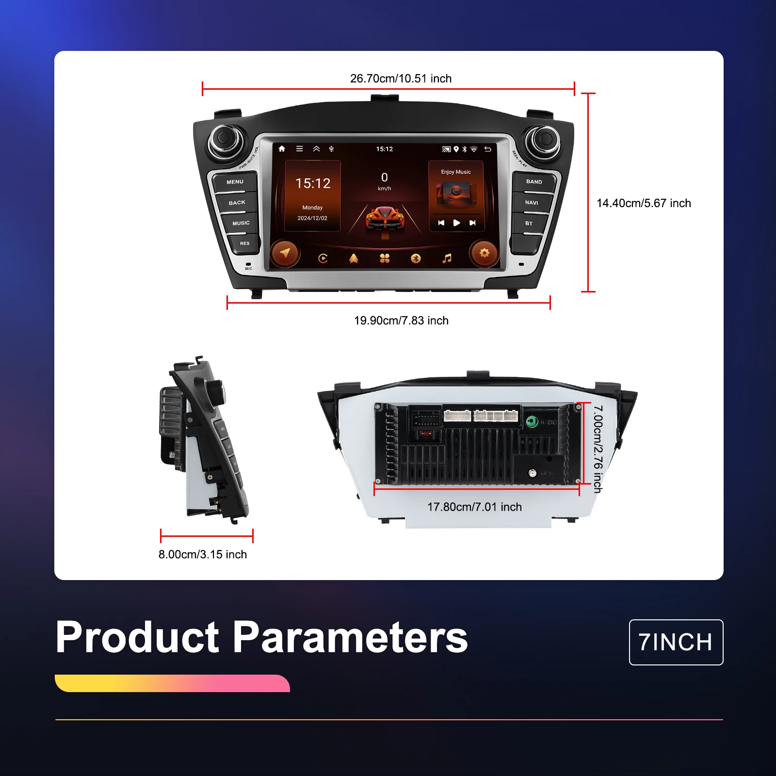 Podofo 7'' 2+64GB Android Car Radio Stereo Wireless Carplay Android Auto Wifi DVR EQ GPS for Hyundai Tucson/IX35 2009-2015 OEM A4251 manufacture