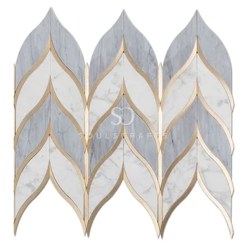 Leaf Shape Water jet Italy Statuario Mixed Grey Marble and Brass Gold Mosaic Tile Waterjet Mosaic Tile