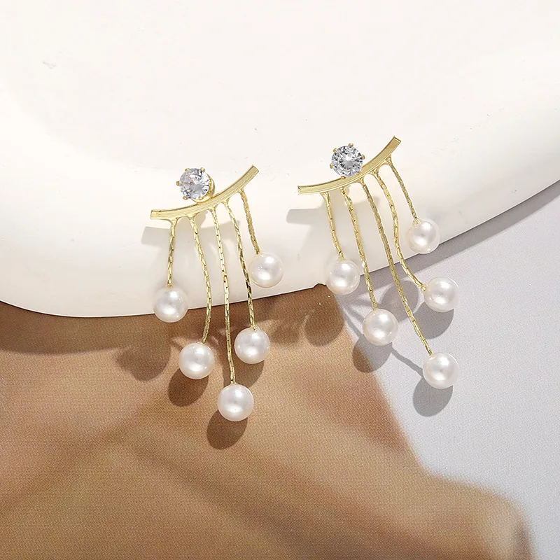Gold Plated Pearl Dangle Earring Women Party Jewelry Bling Shiny Crystal Rhinestone Stud Long Tassel INS Earrings