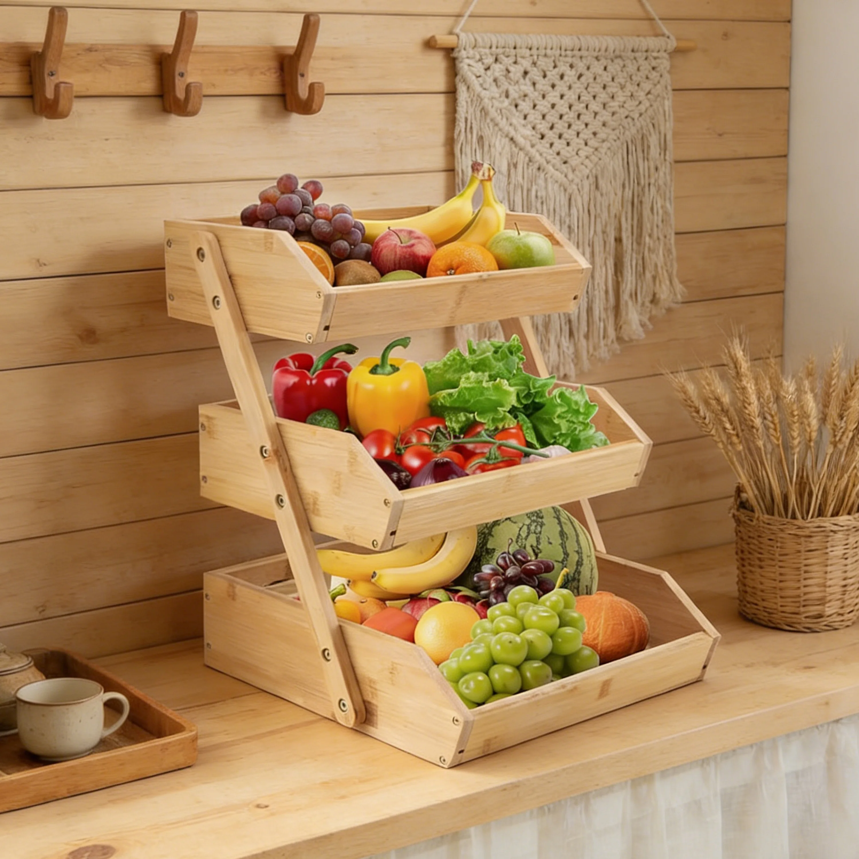 product 3 tier rustic wooden countertop organizer space saving vegetable fruit storage basket storage rack stand for kitchen holder-2