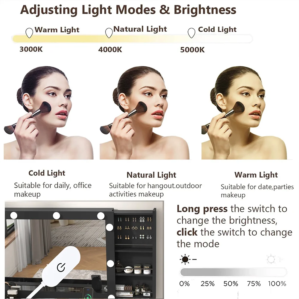 Luxury Makeup Vanity Set Lighted Mirror Quick Charging Socket Tempered-Glass Top Dressing Table Bedroom Furniture Storage factory