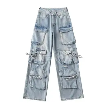 2024 Hot ladies good price multi-pockets cargo jeans pants custom brand hip hop distressed rips high waist cargo pants