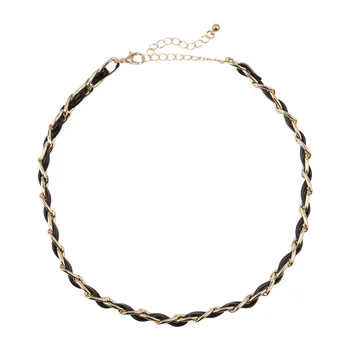 Women Metal Short Black Leather Alloy Handmade Cord Woven Collarbone Rope Braided Choker Chain Necklace