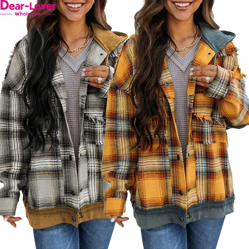 Dear-Lover Odm Private Label Winter Multicolor Plaid Button Up Hooded Coat Frayed Snap Jacket Woman
