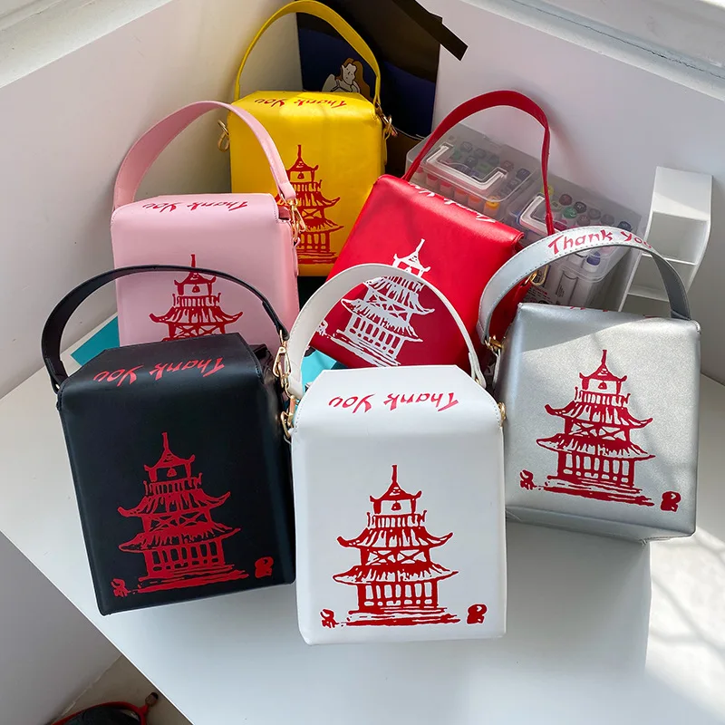 Box Design Chinese Tower Print Pu Leather Ladies Bucket Bag Chain Shoulder Bag Crossbody Mini Messenger B
