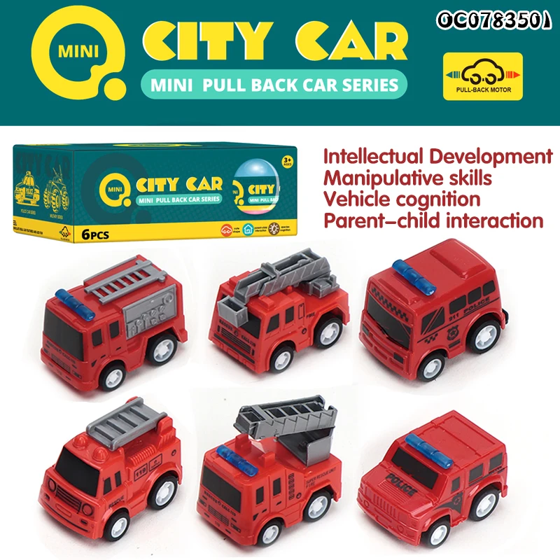 6 pieces pull back small red car kids fire engine truck toys with ball package