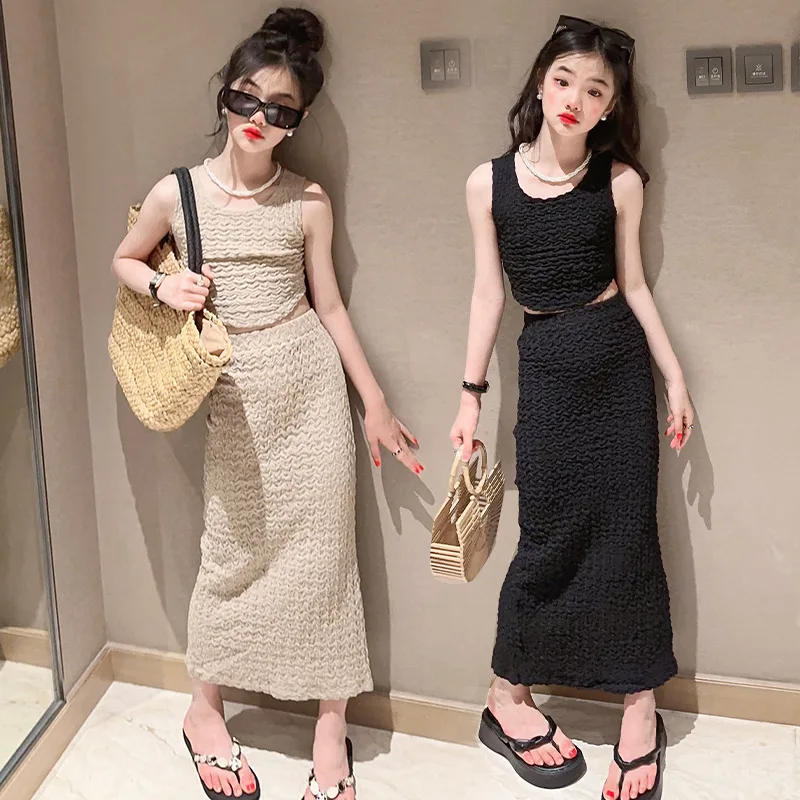 2023 New Fashion Teenager Girl Summer Black Khaki 2 pcs Clothing Set Sleeveless Tank Top + Split Long Skirt 4-10T