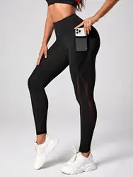 Hot selling Sexy mesh unique style Tummy Control high waist Women Black Slim Fitness push up Leggings with side pocket