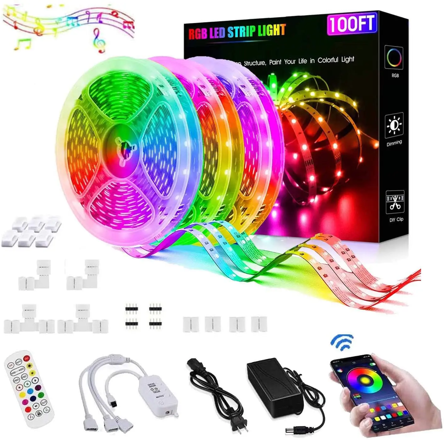 100FT LED Strip Lights Music 5050 RGB Tape Bluetooth APP Remote USB/DC Kits 50ft 