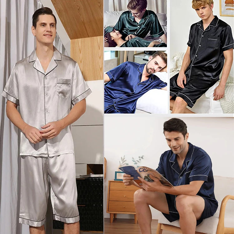 men satin pajamas set custom short sleeve sleepwear with short pajamas pants men's button down silk pajamas
