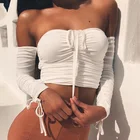 For X00845C Off Shoulder Crop Tops Casual Ruched Pleated T-shirt Women Short Sleeve Cropped Tshirt For Women