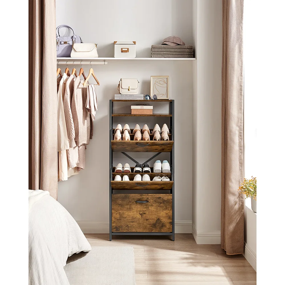 Modern 18-Pair Shoe Storage Cabinet Wood and Metal Design for Home Living Room or Entry Shoe Organizer Rack details
