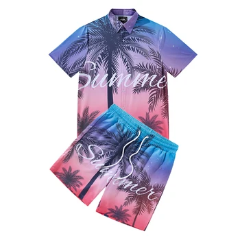 Sublimation Print Mens Beach Wear Set Quick Dry Satin Polyester Button Down Collar Short Sleeves Men's Hawaiian Shirt And Shorts