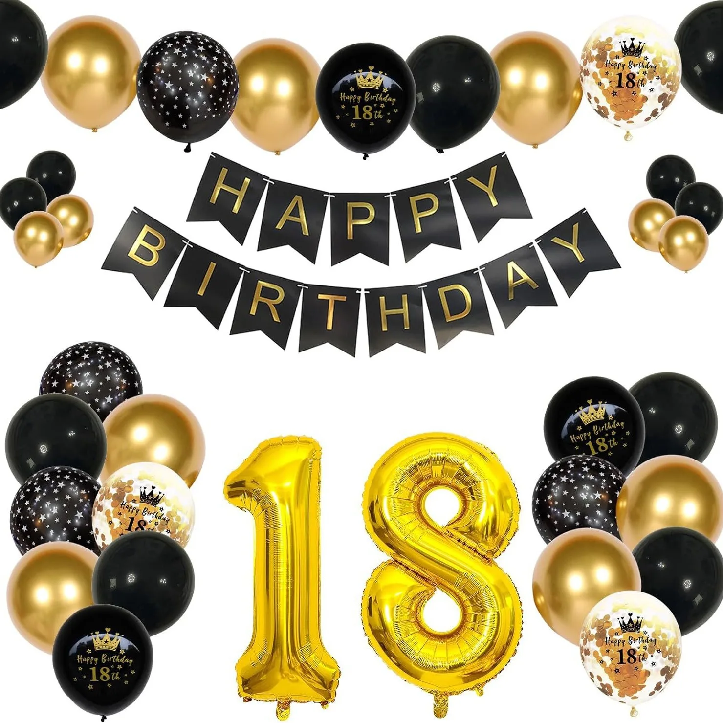 18th Birthday Decorations Boys Black Gold Balloons Arch Kit with Number Foil Confetti Balloon Happy Birthday Banner Party Decor