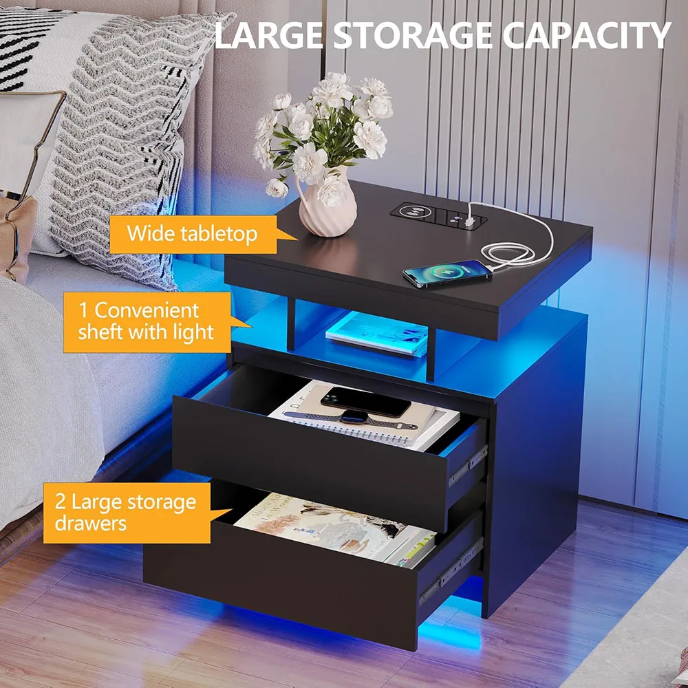 Modern Wood Nightstand Charging Station with LED Light 2 Drawers USB Ports Wireless Charger for Bedroom (Black) details