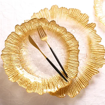 Sun Lace Glass Plate Home Steak Salad Dessert Dishes Gold European Vintage Wedding Luxury Royal Sustainable Luxury Plates 12 Ps