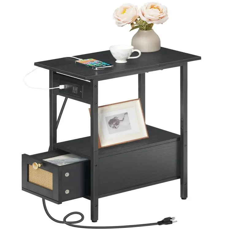 Wholesale Industrial Style Narrow Nightstand with 1 Drawer and Shelf Bedside Table Side End Table with Charging Station USB Port