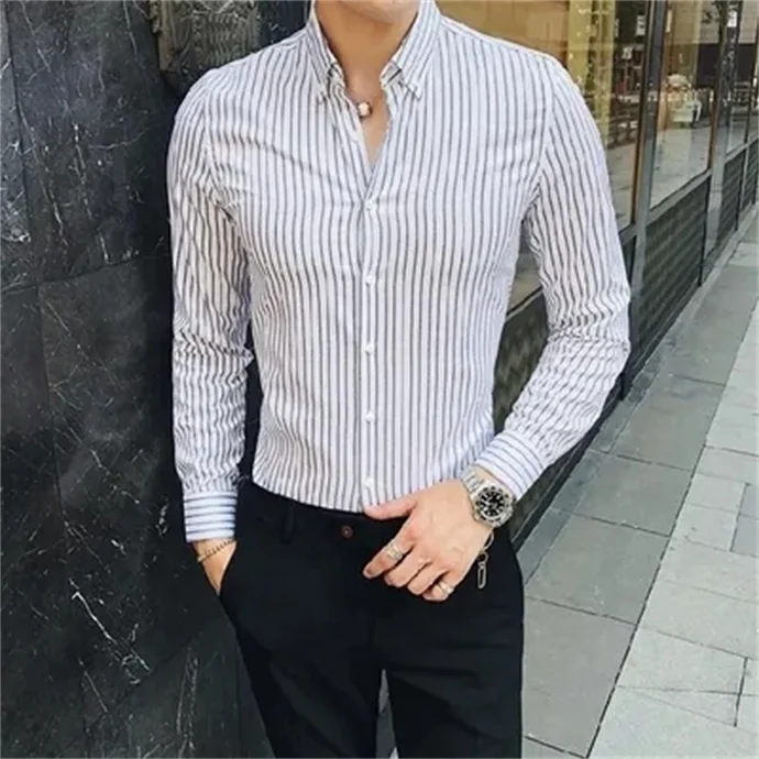 Wholesale Men's Europe-American Plaid Printed Stretch Long-sleeved Business Men Office Dress Shirt