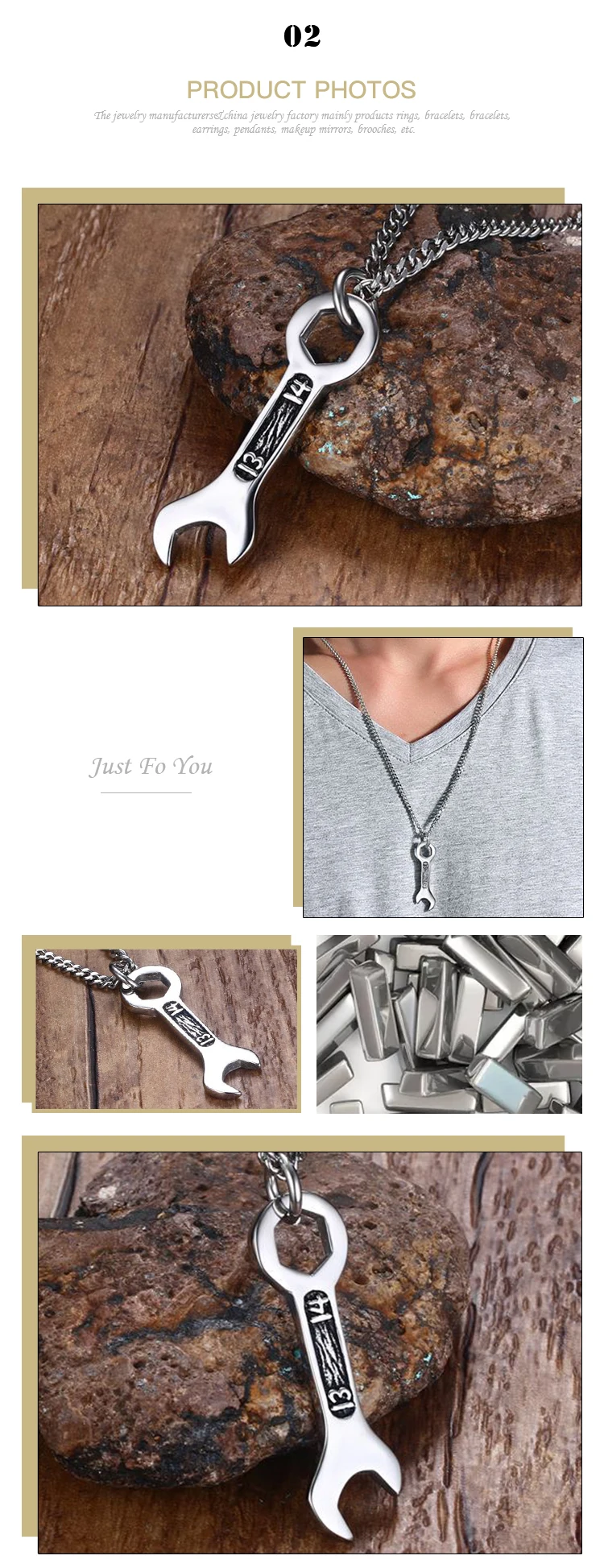 Foshan Keke Jewelry 40MM stainless steel wrench pendant steel color men's necklace PN-784S