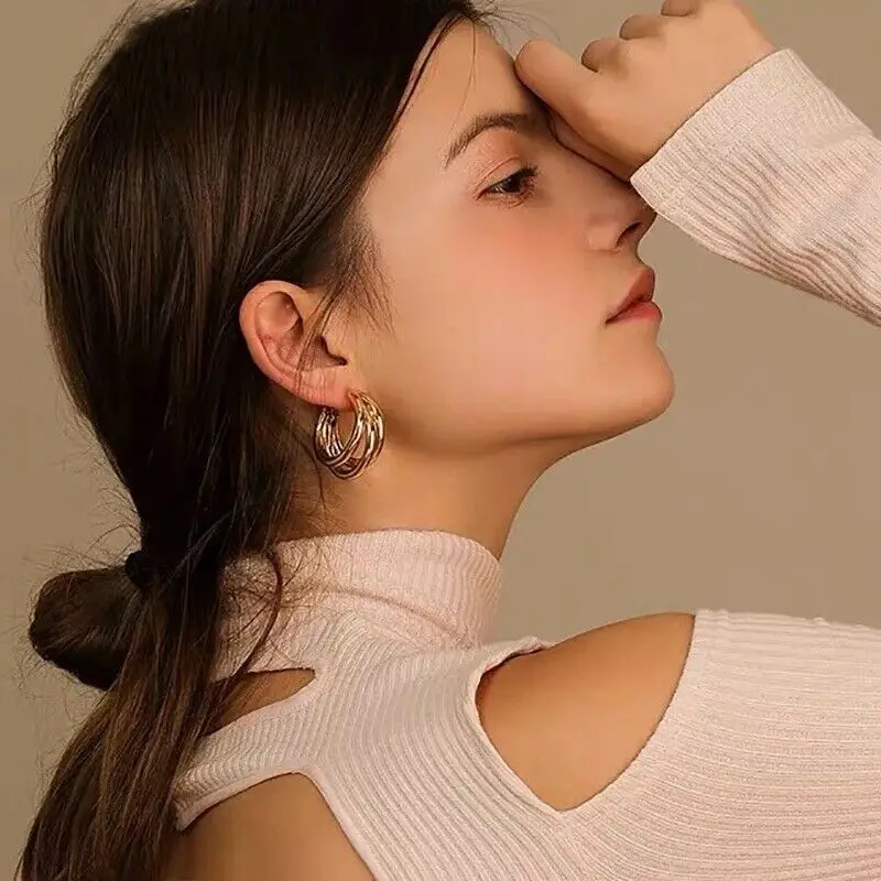 Hot Selling Trendy Geometric Hoop Earrings Gold Plated Three-line Hoop Earrings for Women
