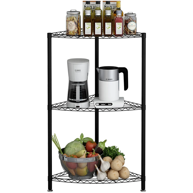 SuoErNuo black and white three-tier corner shelf kitchen iron shelf kitchen utensils fruit spice rack