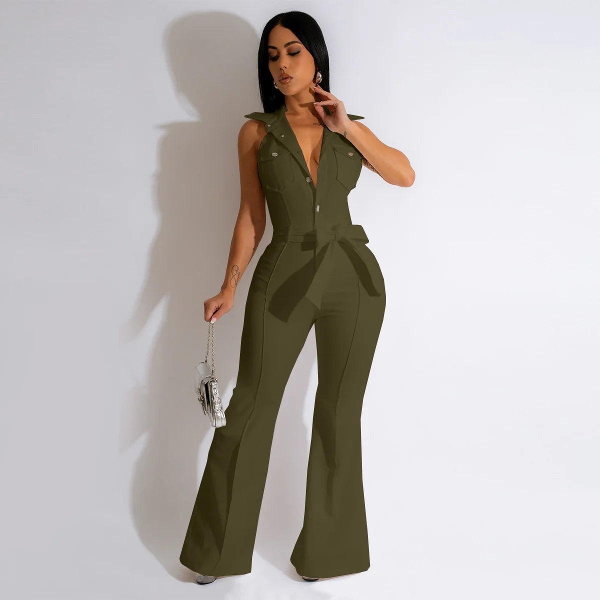 Summer Sleeveless Solid Color Button Lapel Cargo Jumpsuit Women Wide