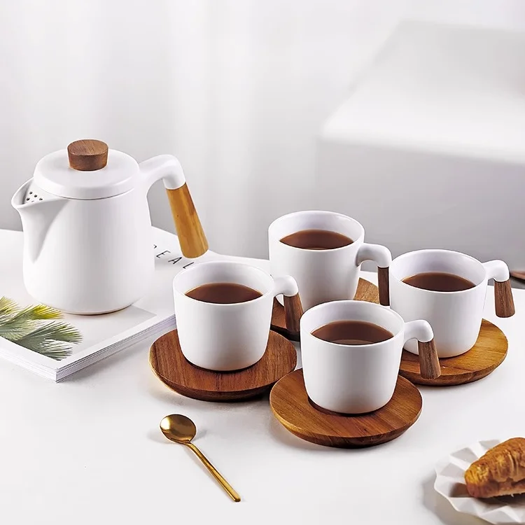 Nordic Creative Simple Ceramic Teapot With Wooden Handle Kitchen Tea Pot Water Kettle Restaurant Teaware Drinkware details