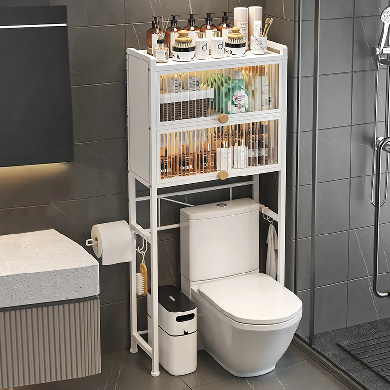 bathroom With cabinet door over Toilet storage rack paper roll organization holder 3 Tier Metal towel Bath Products shelf