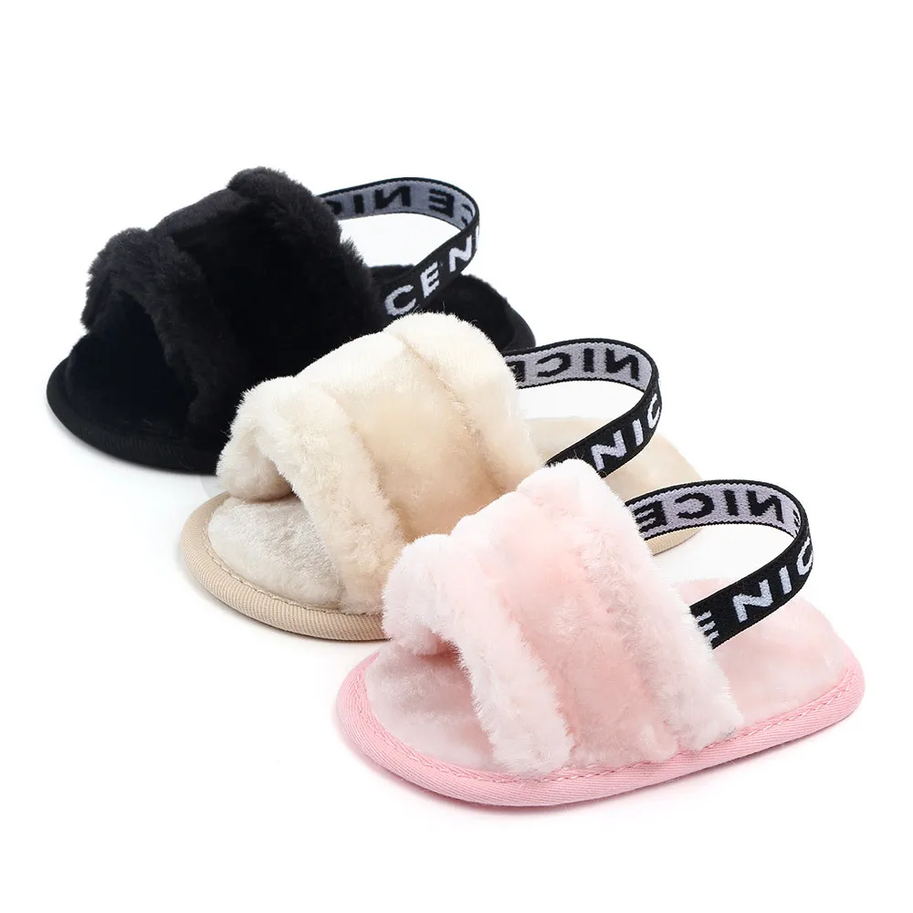 New arrive Fashion Flock Fur Soft Slide Slip On Flat sandals Casual Infant Toddler Baby Girl Slippers