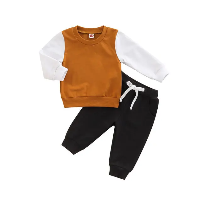 New arrival newborn baby boys girls clothing outfits casual splicing round-neck shirts+drawstring trousers kids jogging set