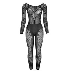 Lingerie Knitted Jumpsuit Women Sexy See Through O-Neck Long Sleeve Body-Shaping Rompser