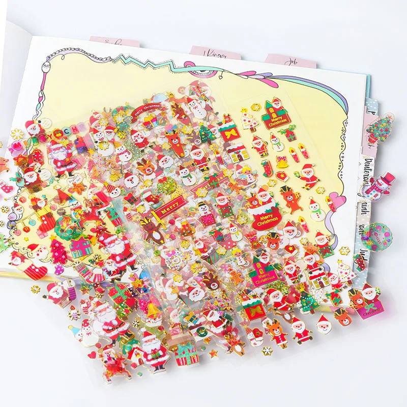 Wholesale 10pcs/set journal scrapbook transparent glitter stickers pack, Merry Christmas gold foil planner sticker PVC sheet