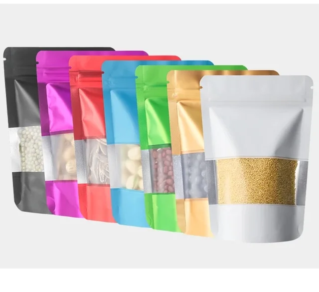 Food Grade Reusable Thick Moisture-Proof Polyester Film Bag Transparent Small Window Aluminum Foil Lined Upright Snack PE