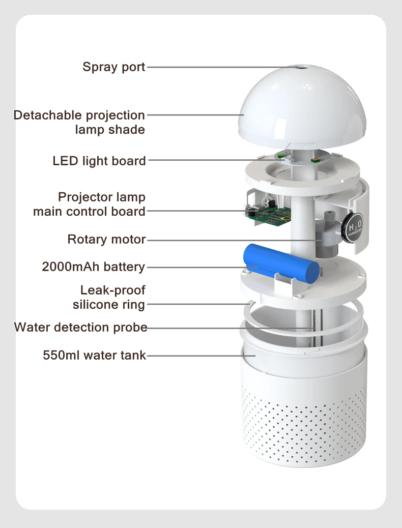 Ml Projection Light Air Humidifier Rechargeable Battery Wireless