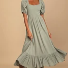 Woman Factory Price Green Puff Sleeve Tie-Back Midi Dress For Woman