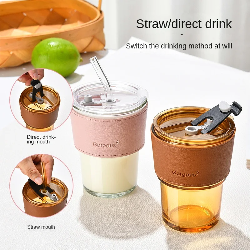 Wholesale Custom Logo Coffee Cup,Hot Sale Portable Glass Coffee Cup Reusable Large-Capacity Juice Milk Mug with Straws &Lids