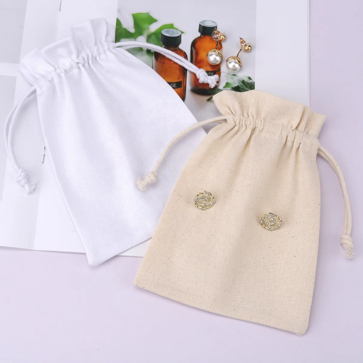 High Quality White Beige Cotton Fabric Dust Drawstring Bag For Packaging Gift Customized Organic Cotton Muslin Pouch