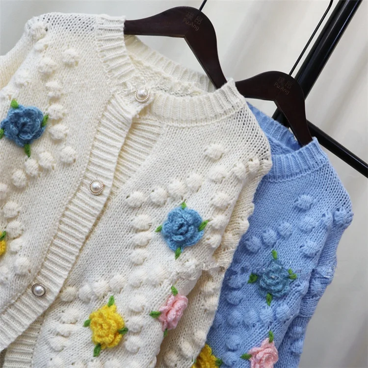 Autumn Winter New Handmade Hooked Flower Knitted Cardigan Sweater Coat Women Design 3D Ball Flower Embroidery Cardigan