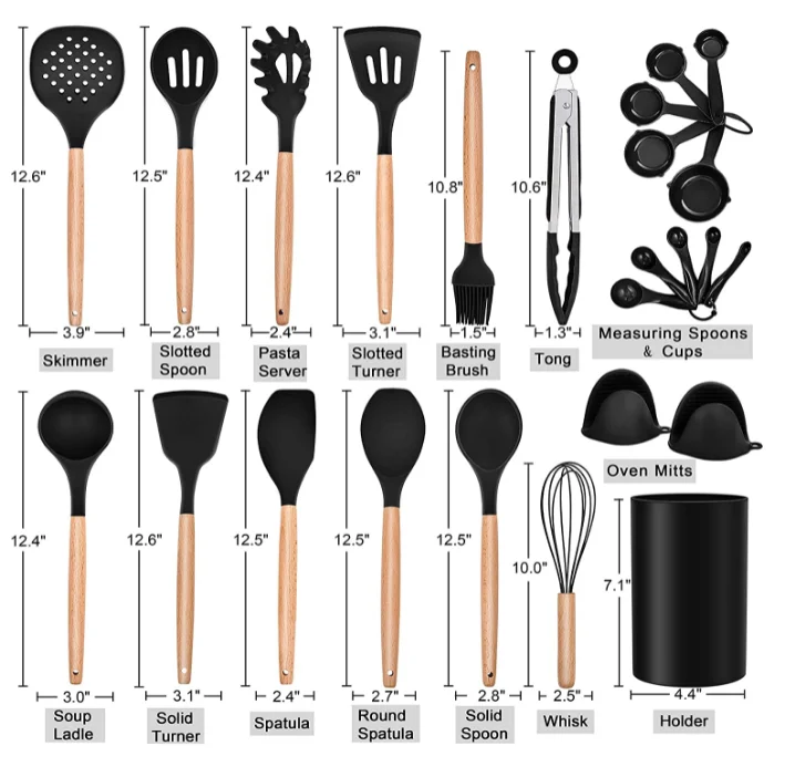 Silicone Cooking Utensils Kitchen Utensil Set Wooden Handle Kitchen Gadgets with Holder for Nonstick Cookware