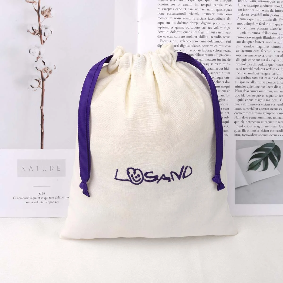 Custom Embroidery Printing White Cotton Linen Dust Wallet Bag Organic Shoulder Bag Packing Storage Drawstring Muslin Pouch