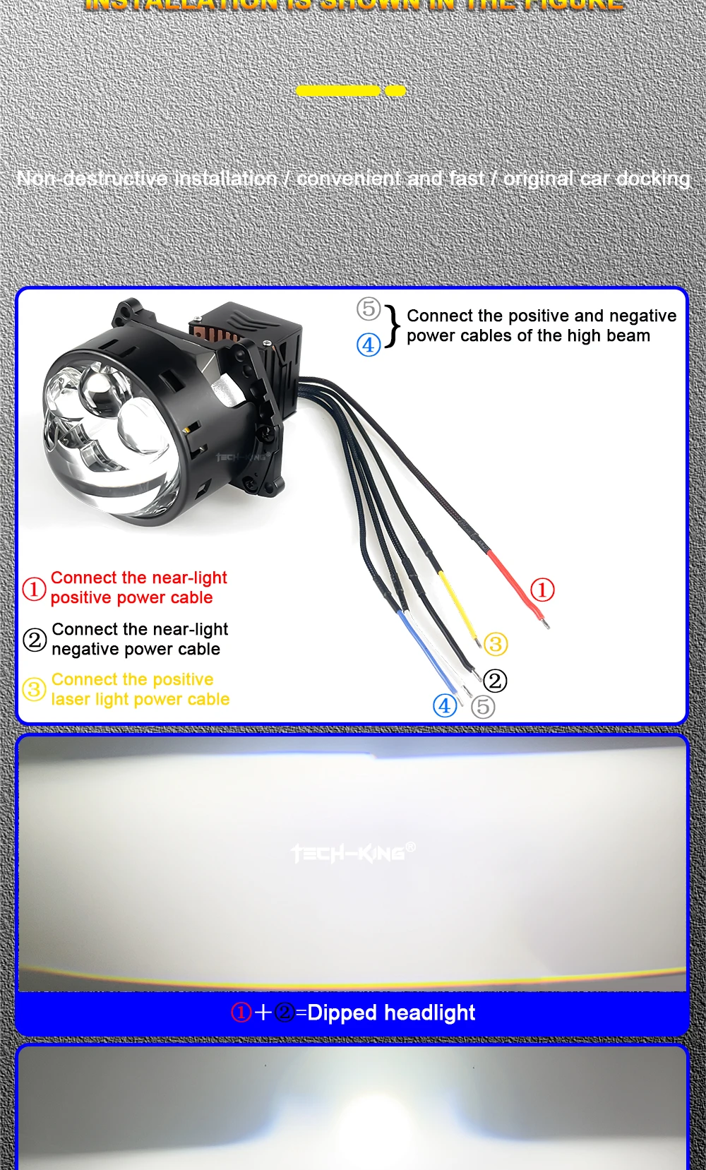 TECH-KING Car LED headlights double lens 3 inch three direct laser light super bright 90 watt high power Projector headlight