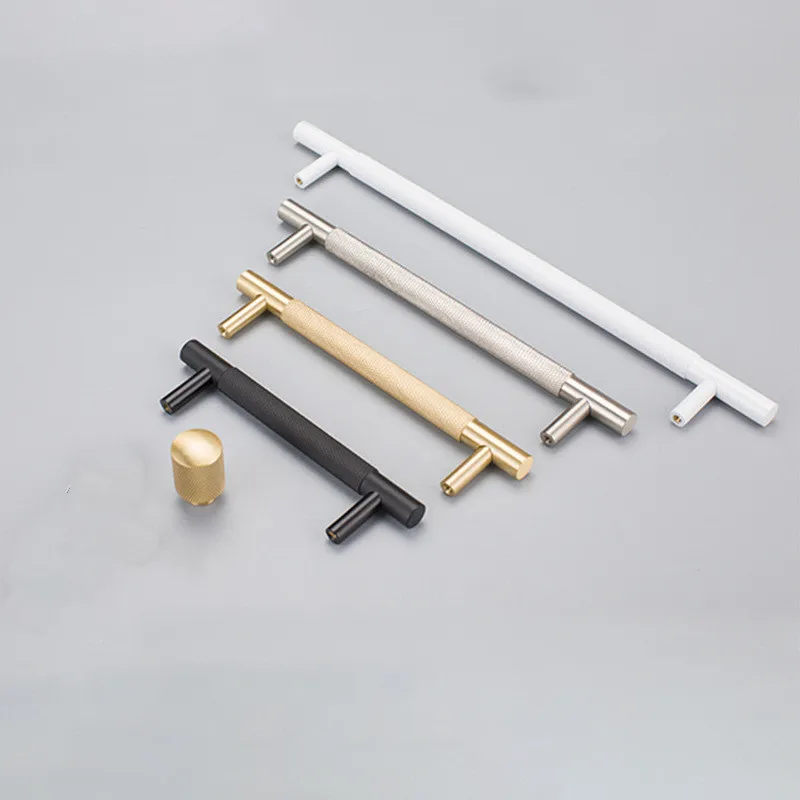 Long Black Knurled T Bar Handle Solid Brass Knob And Pull White Gold Vintage Creative Drawer