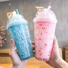 Plastic Summer Creative Ice Cream Double Wall Cups With Straw Cute Student Plastic Summer Outdoor Tumbler