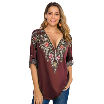 Women casual zipper v neck Boho Mexican Bohemian floral Embroidery roll up long Sleeve Tops Tunic Blouse Shirt
