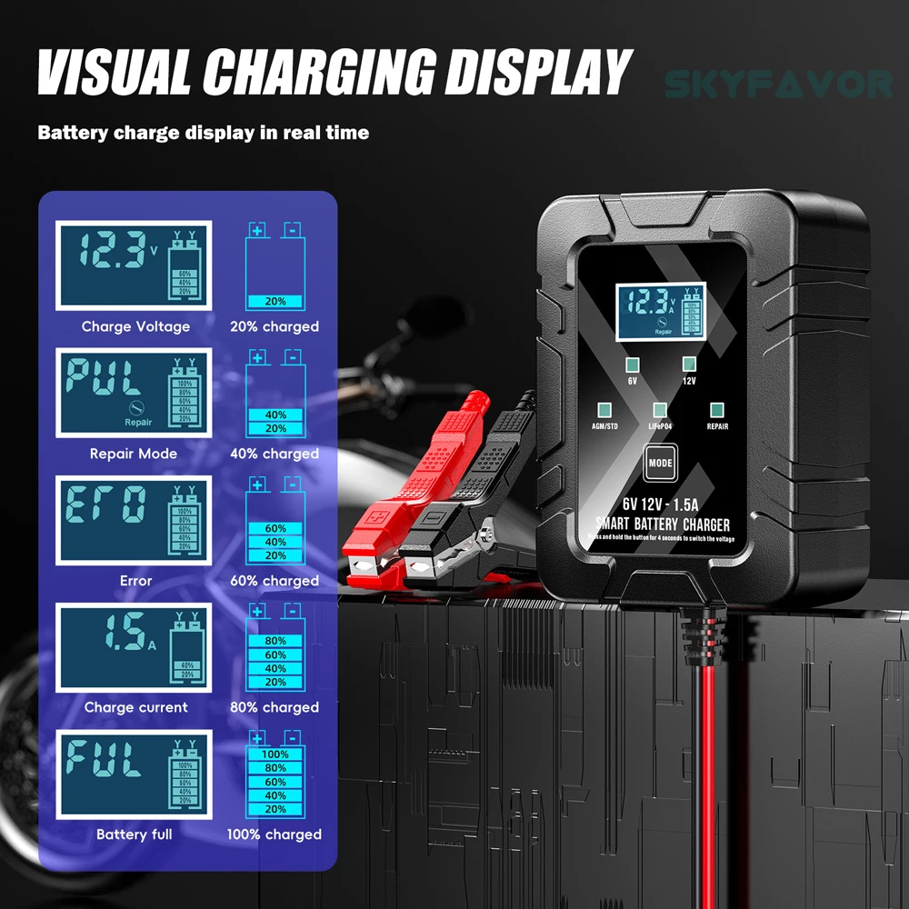 Universal smart 6V 12V battery charger 6V 12V 1.5A automatic lifepo4 lfp lead acid gel agm repair battery charger with SEA plug